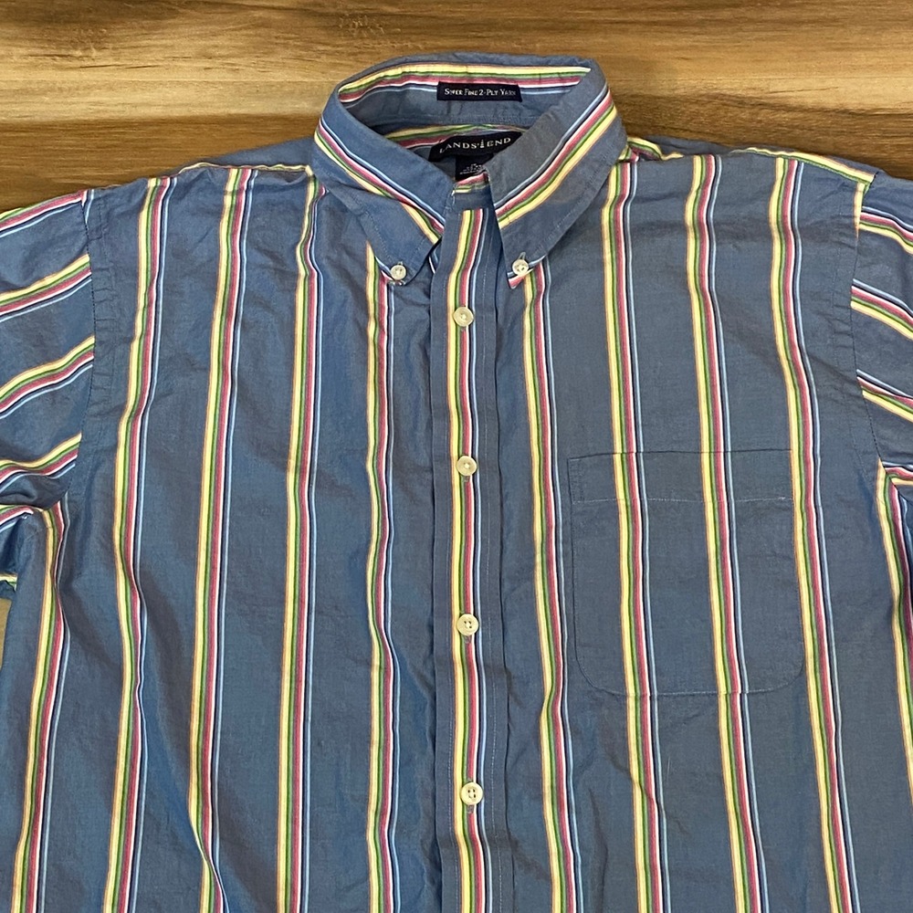 Lands' End Shirt Mens 15 32-33 Striped Button Down Shirt Super Fine 2-Ply Yarn